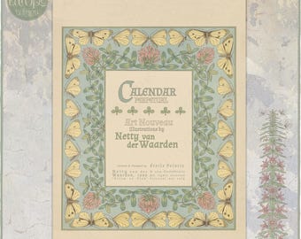 Op de afbeelding: Een spiraalgebonden eeuwigdurende kalender met een crèmekleurige omslag en een decoratieve rand van gele vlinders en roze klaverbloemen. De tekst luidt Calendar Perpetual, Art Nouveau Illustrations by Netty van der Waarden.