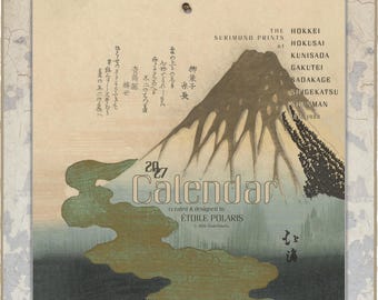 May include: A 2027 wall calendar featuring a stylized illustration of a mountain with dark brown and black slopes. The text reads The Hokkei Surimono Prints of Hokusai, Kunisada, Gakutei, Sadakage, Shigekatsu, Shinman, 2027 Calendar, and Étoile Polaris.