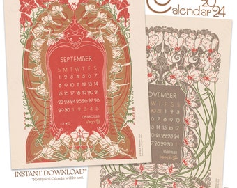 Calendrier Art Nouveau imprimable 2024 / Calendrier mural mensuel numérique / Illustrations florales antiques par Anna Sipkema, 1904
