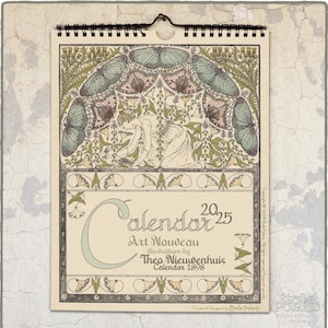 Calendario Art Nouveau 2025-2026 / Ilustraciones de Theo Nieuwenhuis, 1898 / Calendario de pared mensual floral / Mitad de año A4, tamaño carta