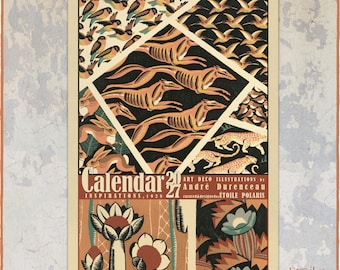 May include: A 2027 wall calendar featuring Art Deco illustrations by André Durenceau. The cover displays a central diamond motif with running hounds, surrounded by birds, rabbits, leopards, and floral patterns in black, cream, and orange tones.