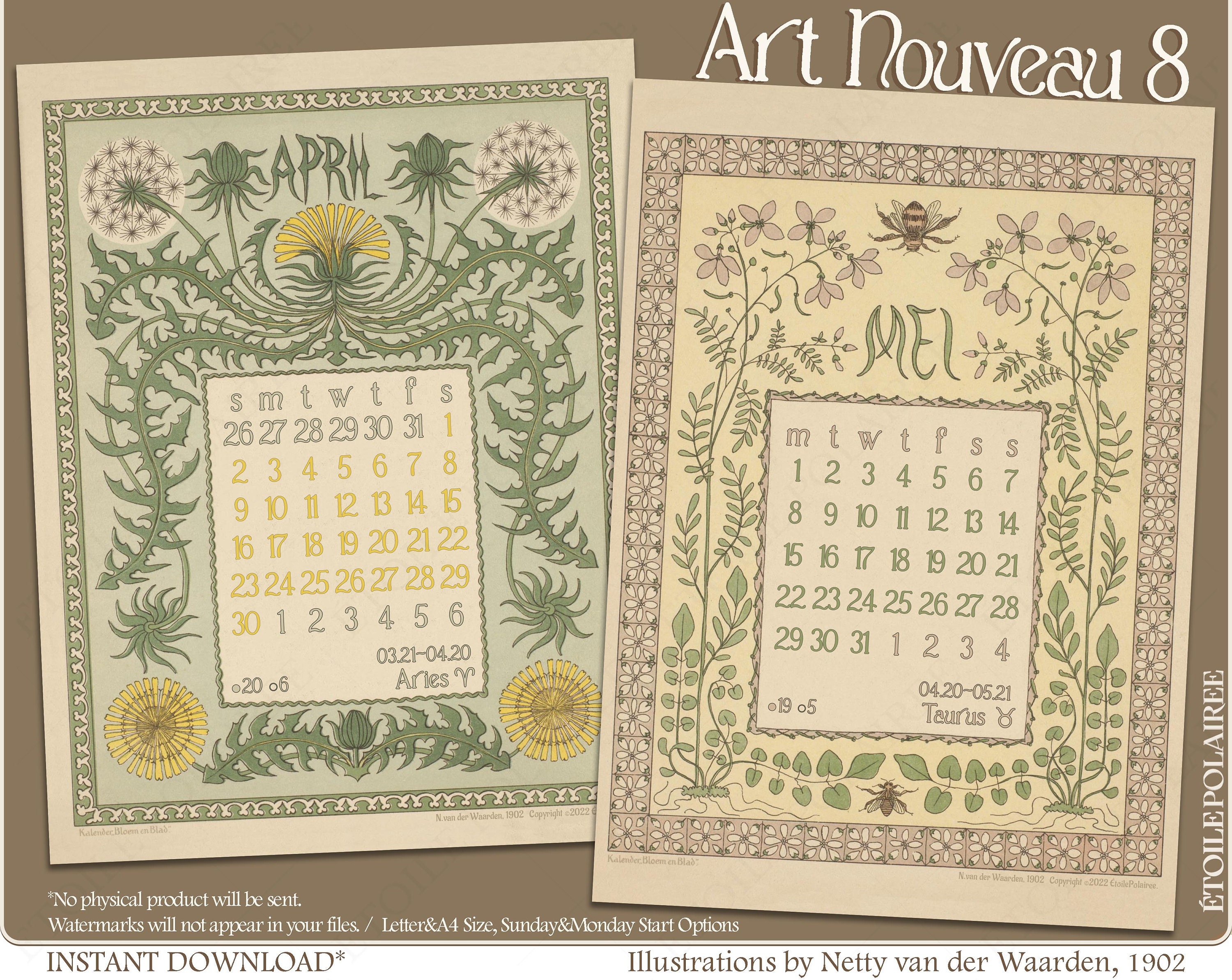 Printable Calendar 2023 Art Nouveau Floral Illustrations By Etsy