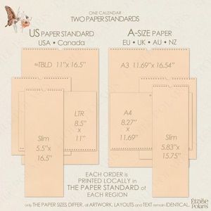 Op de afbeelding: Een informatieve kaart getiteld ONE CALENDAR TWO PAPER STANDARDS die Amerikaanse papierformaten zoals TBLD 27,9x41,9cm, LTR 21,6x27,9cm en Slim 14x41,9cm vergelijkt met A-formaten zoals A3 29,7x42cm, A4 21x29,7cm en Slim 14,8x40cm.
