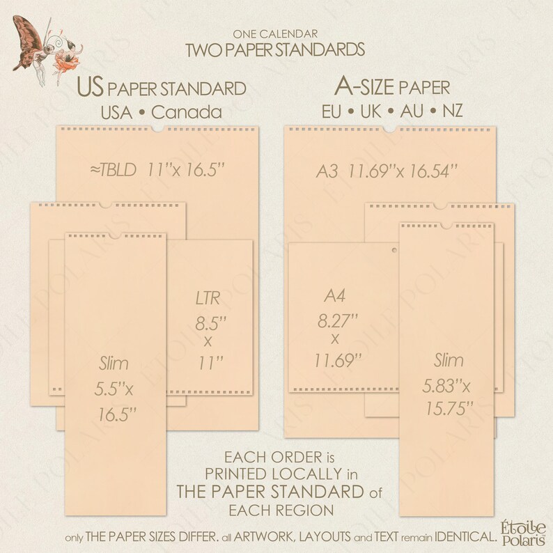 Op de afbeelding: Een informatieve kaart getiteld ONE CALENDAR TWO PAPER STANDARDS die Amerikaanse papierformaten zoals TBLD 27,9x41,9cm, LTR 21,6x27,9cm en Slim 14x41,9cm vergelijkt met A-formaten zoals A3 29,7x42cm, A4 21x29,7cm en Slim 14,8x40cm.