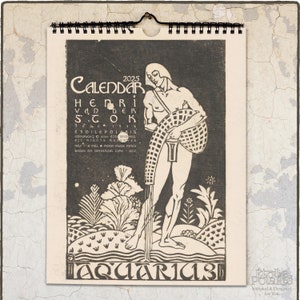 Sterrenbeeldkalender 2025 / antieke houtsnede art deco-illustraties door Henri van der Stok, jaren 1920 / Maandkalender