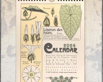 2024 Botanical Calendar "Art Nouveau Plant Illustrations by Maurice P. Verneuil, 1903" Floral Monthly Wall Calendar A4, Letter Size