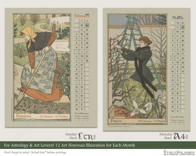 Art Nouveau Printable Calendar 2023 / Digital Monthly Wall Etsy