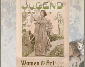 May include: A 2027 wall calendar titled Women & Art featuring a vintage Jugend magazine cover illustration from 1896. The artwork depicts a person in a ruffled blouse and long skirt reaching for a tree branch. The calendar includes spiral binding.
