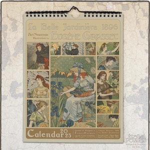 Calendário Art Nouveau 2025 / Mulheres Jardineiras - La Belle Jardiniere, Eugène Grasset, 1896 / Calendário de parede mensal