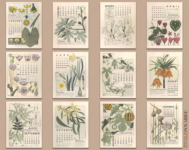 Botanical Calendar 2023 Printable Digital Monthly Wall Etsy