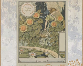 May include: A 2027 wall calendar featuring the 1896 Eugene Grasset La Belle Jardiniere artwork. The illustration depicts a person in a long dress holding a basket among sunflowers near a pond with water lilies. The calendar includes text at the top and bottom.