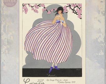 Op de afbeelding: Een wandkalender voor 2027 met een vintage-stijl illustratie van een persoon in een volumineuze, gestreepte jurk met rode, witte en blauwe lijnen. Het kunstwerk bevat roze kersenbloesems, een grijze wolk en de tekst "Prairial" en "Calendar".
