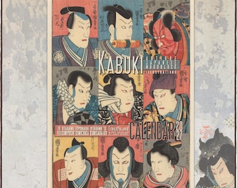 May include: A 2027 wall calendar featuring a grid of nine antique Japanese woodblock illustrations of Kabuki actors. The cover displays various portraits with traditional makeup and attire, with the text KABUKI CALENDAR 2027 printed in the center.