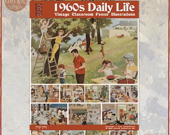 Pode incluir: Um calendário de parede para 2027 intitulado 1960s Daily Life Vintage Classroom Poster Illustrations. A capa apresenta uma grande ilustração de pessoas colhendo frutas em um pomar, com vinhetas menores abaixo retratando várias cenas.