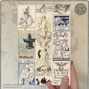 May include: A decorative rectangular panel featuring various vintage illustrations and text, including "EX LIBRIS" and "Exclusive U.S.A. edition." The artwork includes images of figures, a skull, and other artistic elements. The panel is held by a hand.
