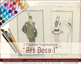 Art Deco Fashion Coloring Pages - Printable Digital Download / 1910s Antique Dress Illustrations - Costume Parisien, 1914