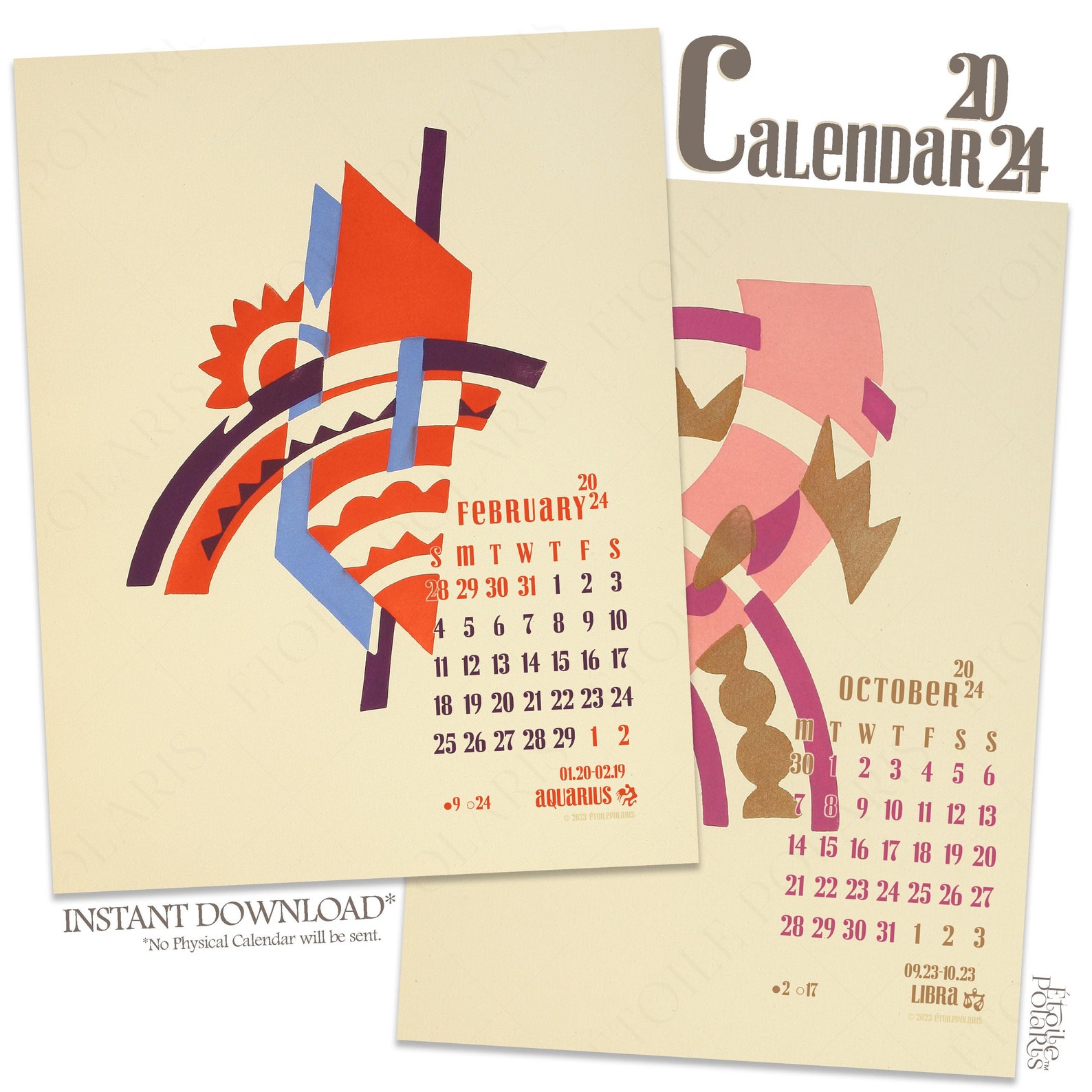 Printable Abstract Art Calendar 2024 / Digital Monthly Wall Etsy
