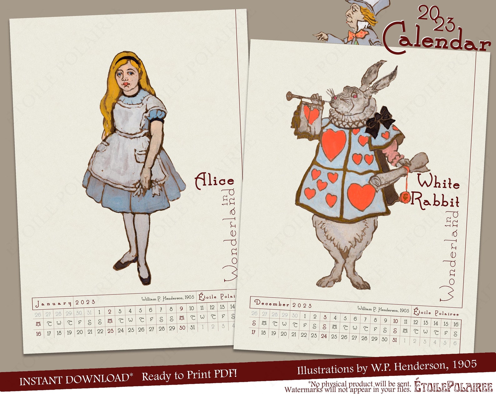 Alice in Wonderland Calendar 2023 printable / Monthly Wall Etsy