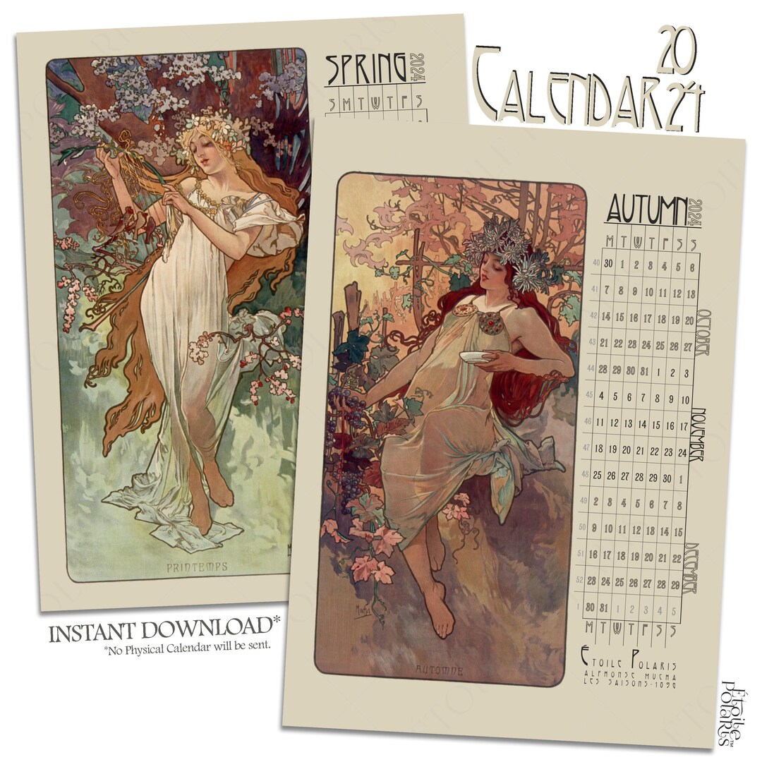 Printable Art Nouveau Calendar 2024 art Illustrations by Etsy