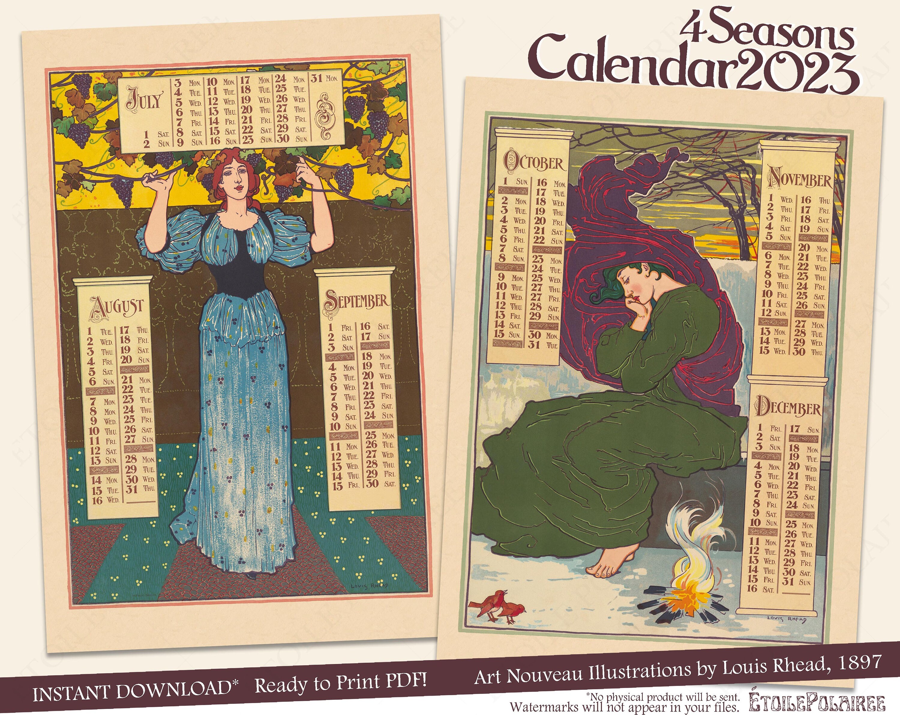 Printable Vintage Calendar 2023 / 4 Seasons Quarterly - Etsy