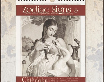 Zodiac Calendar 2024 / Monthly Calendar Personal Traits / Antique Illustrations: French Republican Calendar 1792