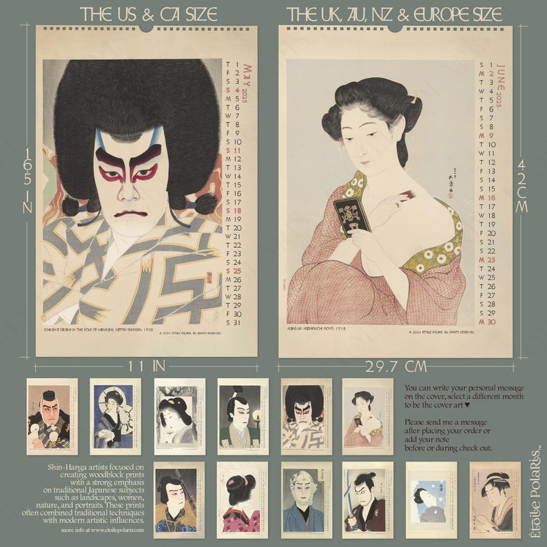 Op de afbeelding: Een kalender met Japanse houtsneden, met een kalender voor mei en juni 2025. De kalender is verkrijgbaar in twee formaten: 11 inch bij 16,5 inch en 29,7 centimeter bij 42 centimeter.