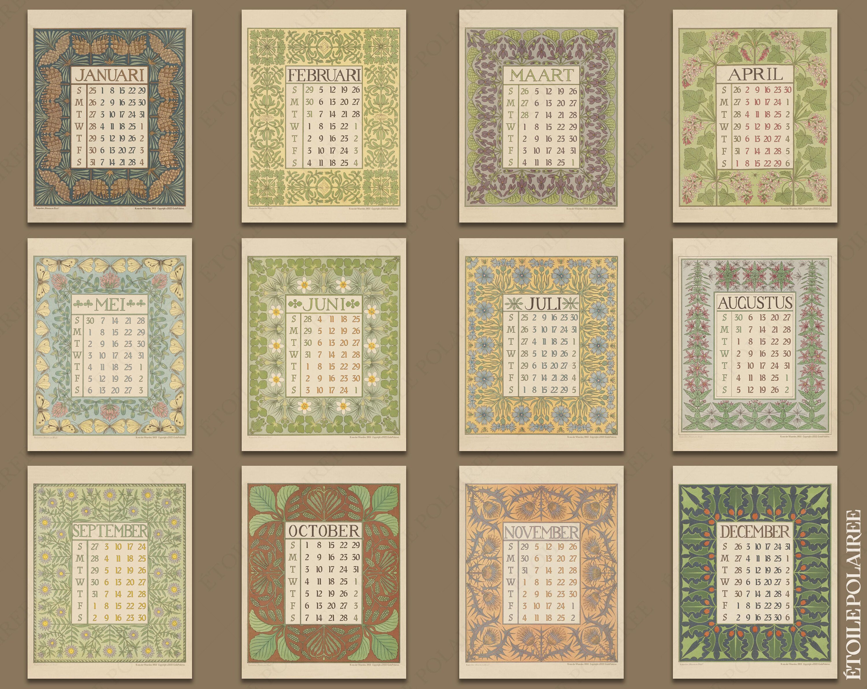 Art Nouveau Calendar 2023 Printable / Floral Illustrations Etsy