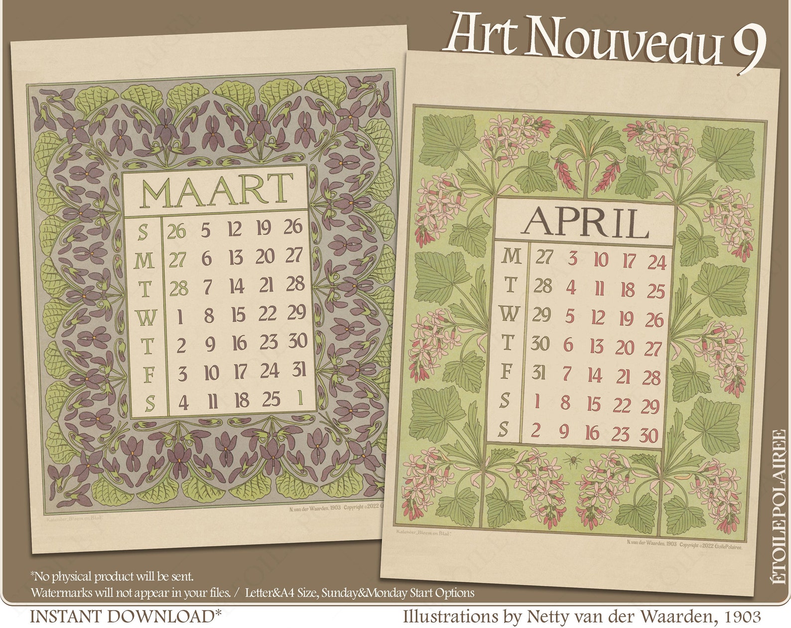 Art Nouveau Calendar 2023 Printable Floral Illustrations Etsy