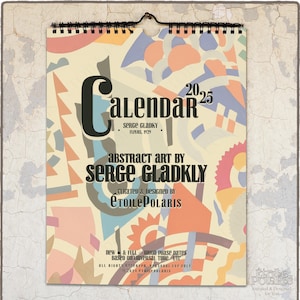 Calendario de arte abstracto 2025 "Ilustraciones art déco florales cubistas de Serge Gladky, 1929" Calendario de pared mensual - A4, tamaño carta