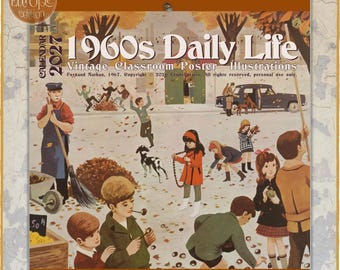 Pode incluir: Um calendário de parede de 2027 intitulado 1960s Daily Life com ilustrações de cartazes escolares vintage. A capa exibe uma cena de outono colorida com crianças a brincar, uma pessoa a varrer folhas e um carro, com o texto 2027 incluído.