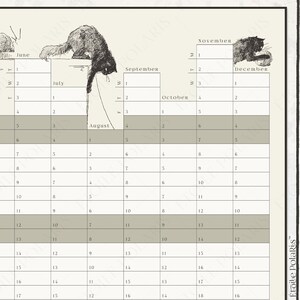 Op de afbeelding: Een wandkalender gedrukt op cr&egrave;mekleurig papier met zwarte inktillustraties van katten. Het raster toont de maanden juni tot december met genummerde dagen. Sommige rijen zijn lichtgrijs gemarkeerd. De tekst &Eacute;toile Polaris is zichtbaar.