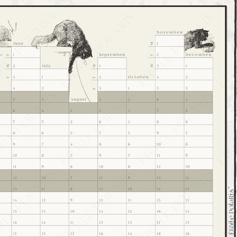 Op de afbeelding: Een wandkalender gedrukt op cr&egrave;mekleurig papier met zwarte inktillustraties van katten. Het raster toont de maanden juni tot december met genummerde dagen. Sommige rijen zijn lichtgrijs gemarkeerd. De tekst &Eacute;toile Polaris is zichtbaar.