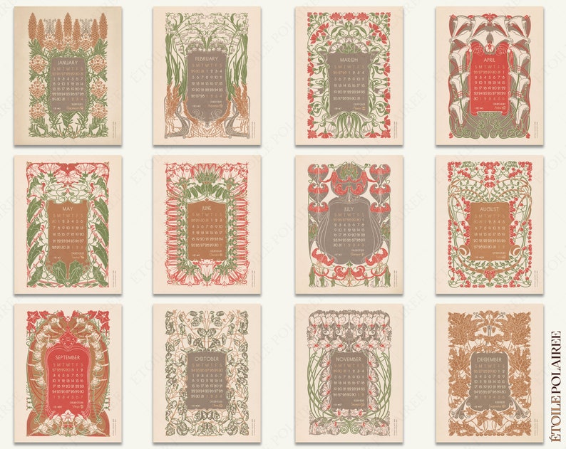 Printable Art Nouveau Calendar 2023 Digital Monthly Wall Etsy