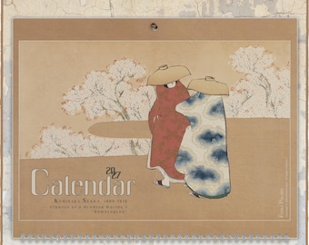May include: A 2027 wall calendar featuring a print by Kamisaka Sekka titled Flowers of a Hundred Worlds. The illustration depicts two figures in traditional robes and hats walking past white flowering trees on a tan background.