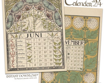 Printable Art Nouveau Calendar 2024 / Digital Monthly Wall Calendar / Antique Floral Illustrations by Theo Nieuwenhuis, 1898