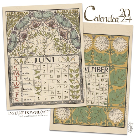 Calendrier Art Nouveau imprimable 2024 / Calendrier mural mensuel