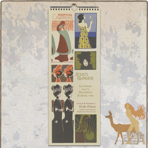Art Nouveau eeuwigdurende kalender voor verjaardag, jubileum & feestdata / Wenen Secession Vrouw Illustraties Slim Size Ongedateerde Planner