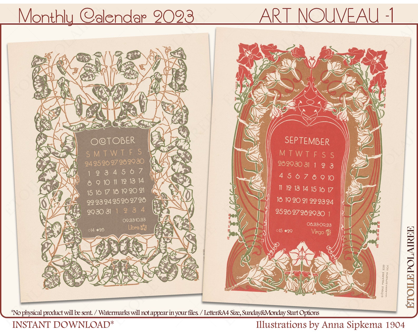Printable Art Nouveau Calendar 2023 Digital Monthly Wall Etsy