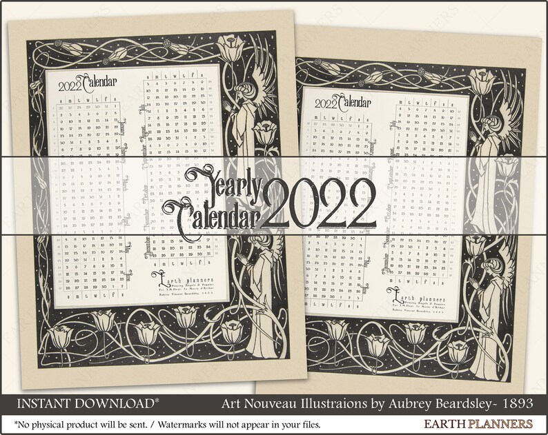 Art Nouveau 2022 Calendar Printable / Yearly Wall Art Etsy