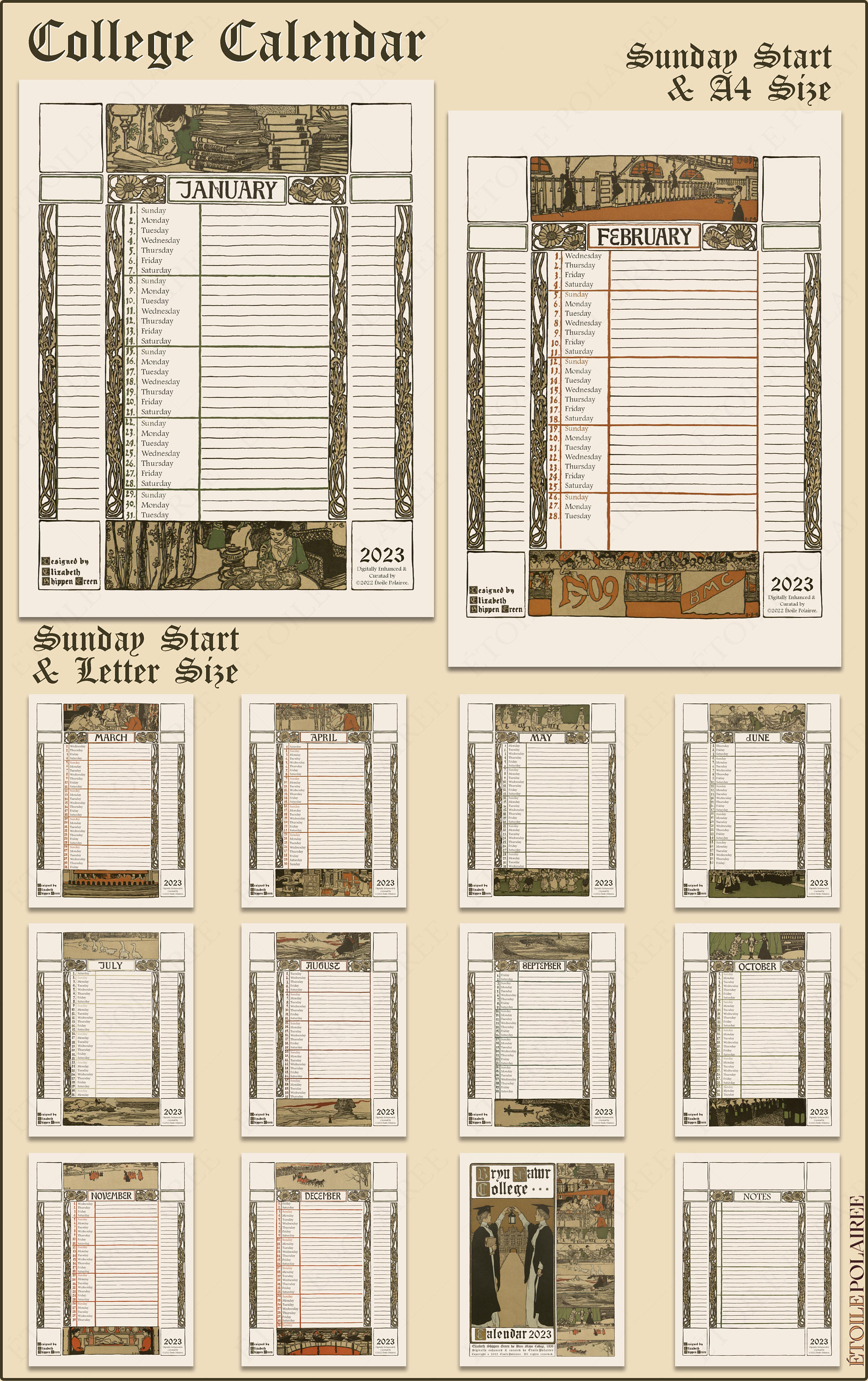 Printable Monthly Calendar 2023 Vintage Illustrations From - Etsy