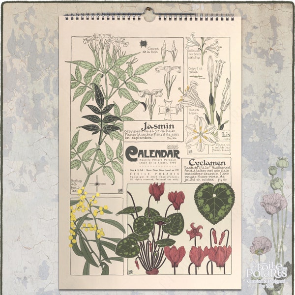 2024 Botanischer Kalender. 1900er Jugendstil Pflanzenillustrationen von Maurice P. Verneuil. Floraler Monatsplaner - A3, Tabloid Format