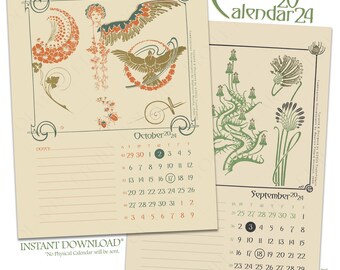 Printable Art Nouveau Calendar 2024 / Antique Floral Art Illustrations by Mucha, Auriol & Verneuil, 1900 / Digital Monthly Wall Calendar