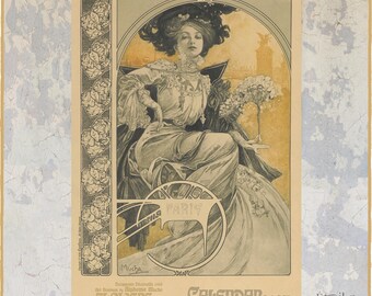 May include: A 2027 wall calendar featuring an Alphonse Mucha illustration of a woman in a gown holding flowers. The design includes a vertical rose border, the text PARIS, and the title FLOWERS OF ALPHONSE MUCHA CALENDAR 2027. The colour palette is muted gold, cream, and dark brown tones.