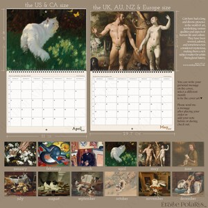 Op de afbeelding: Een wandkalender voor 2027 met klassieke kunstschilderijen van katten. De kalender toont twee open pagina's voor april en mei, met afmetingen van 21 cm bij 29,7 cm. Hieronder staan twaalf kleine miniaturen van de maandelijkse kattenkunst.
