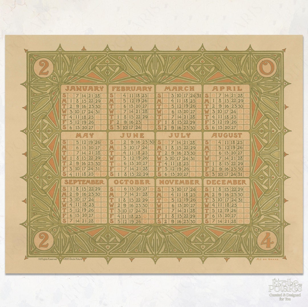 2024 Art Nouveau Calendar / Year at a Glance Poster With Etsy