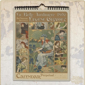 Calendario perpetuo Art Nouveau / Donne giardinaggio - La Belle Jardiniere, Eugène Grasset, 1896 con illustrazioni dello zodiaco