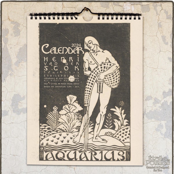 Zodiac Calendar 2024 / Antique Woodcut Art Deco Illustrations by Henri van der Stok, 1920s / Monthly Wall Calendar