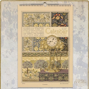 May include: A 2027 wall calendar featuring botanical art nouveau illustrations. The cover displays a clock surrounded by apple trees and floral patterns in muted tones of yellow, green, and brown. Text includes "Calendar 2027" and "La Plante et ses Applications Ornementales".