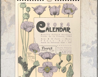 2024 Botanical Calendar "Art Nouveau Plant Illustrations by Maurice P. Verneuil, 1903" Floral Monthly Wall Calendar A4, Letter Size