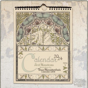 2024 Art Nouveau Calendar  / Illustrations by Theo Nieuwenhuis, 1898 / Antique Floral Monthly Wall Calendar